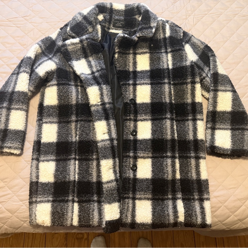 Love Tree Black and Cream Plaid Pea Coat